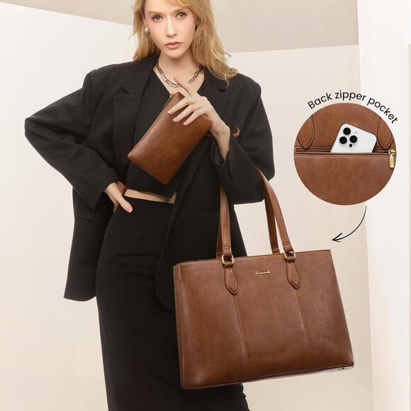 Laptop Tote Bag for Women,Work Tote with Wristlet,PU Leather Computer Bag for Te - Picture 2 of 8